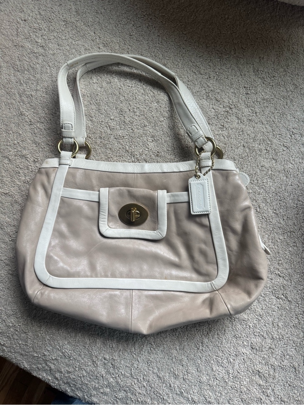 Coach Pebbled Leather putty beige Cricket Satchel with White Trim